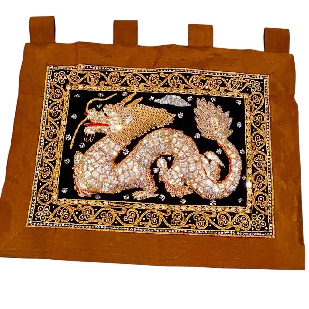 Large Asian Embroidery Sequin Art Tapestry Dragon Kalaga Wall Hanging